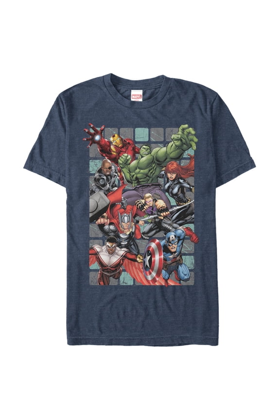 Men's Marvel Avengers Collage Square Graphic Tee Navy Blue Heather Large