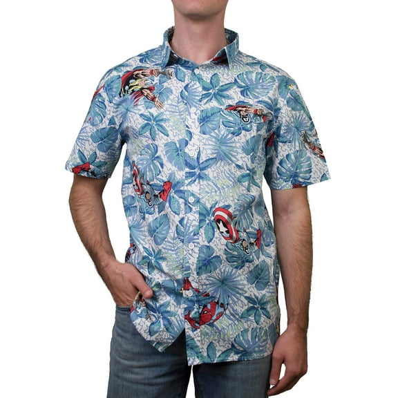 Men's Marvel Avengers Hawaiian Print Button Down Shirt Light Blue Medium