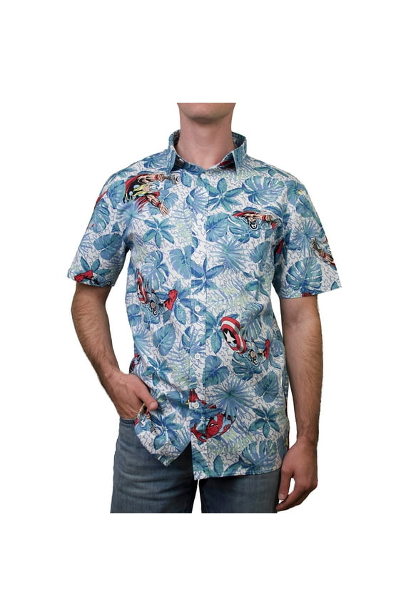 Men's Marvel Avengers Hawaiian Print Button Down Shirt Light Blue Small