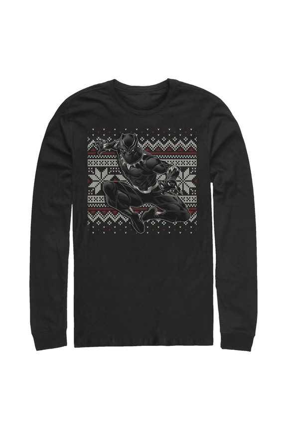 Men's Marvel Black Panther Knit Pattern Print Long Sleeve Shirt Black Large