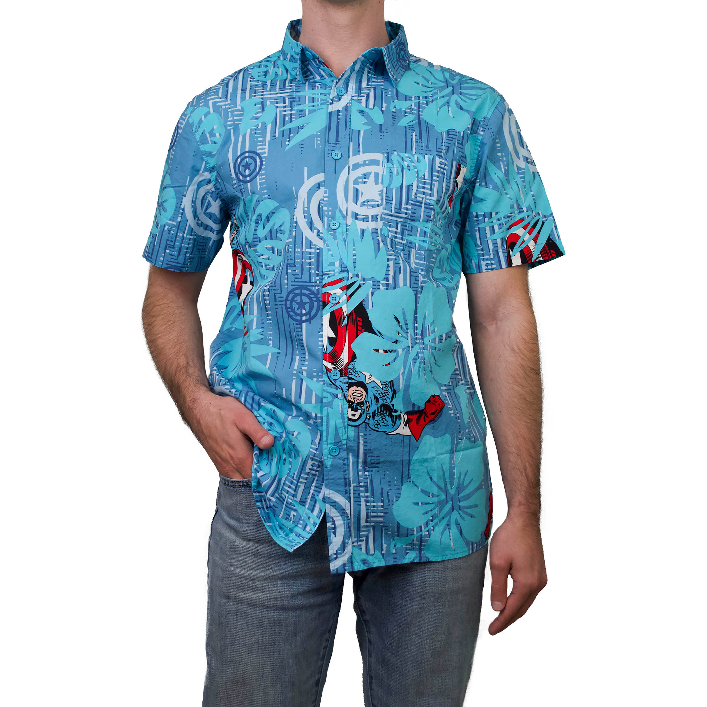 Men's Marvel Captain America Hawaiian Print  Button Down Shirt Blue Large