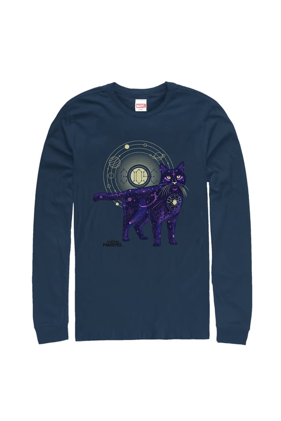 Men's Marvel Captain Marvel Celestial Goose Cat Long Sleeve Shirt Navy Blue 2X Large