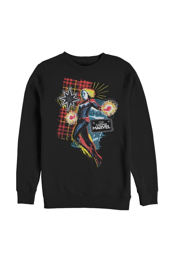 Men's Marvel Captain Marvel Flannel Patch Print Sweatshirt Black 3X Large