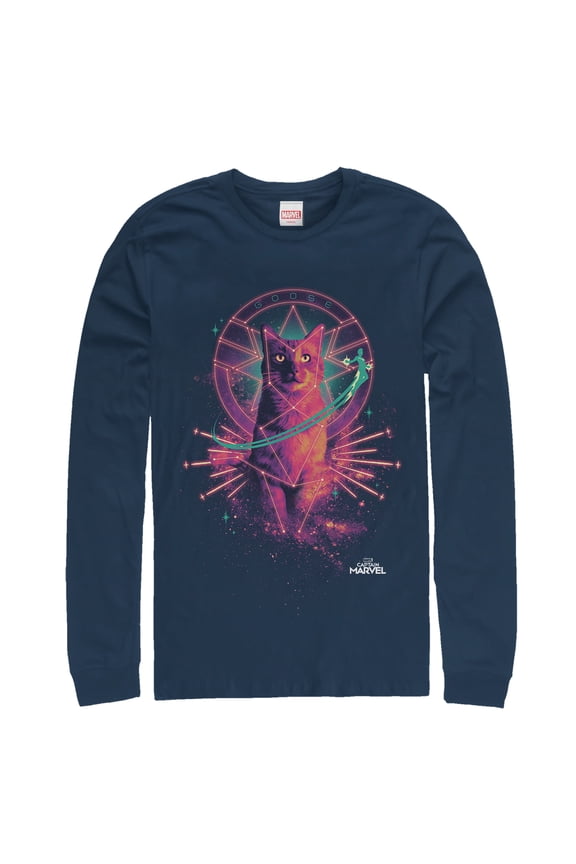 Men's Marvel Captain Marvel Galactic Goose Cat Long Sleeve Shirt Navy Blue 2X Large