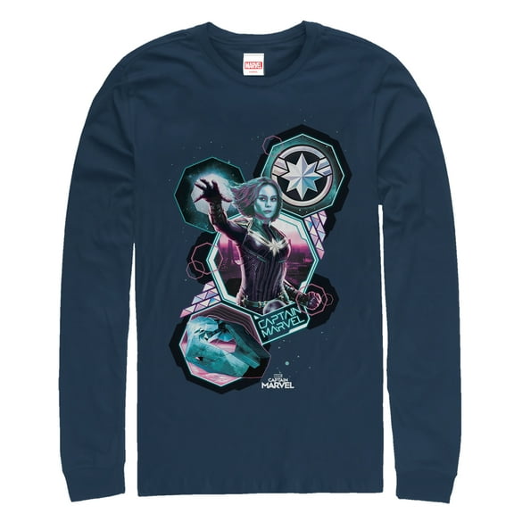 Men's Marvel Captain Marvel Geometric Space  Long Sleeve Shirt Navy Blue Medium