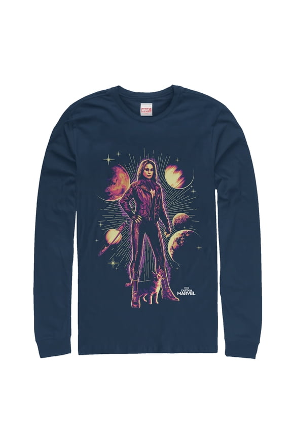 Men's Marvel Captain Marvel Goose Partners Long Sleeve Shirt Navy Blue Small