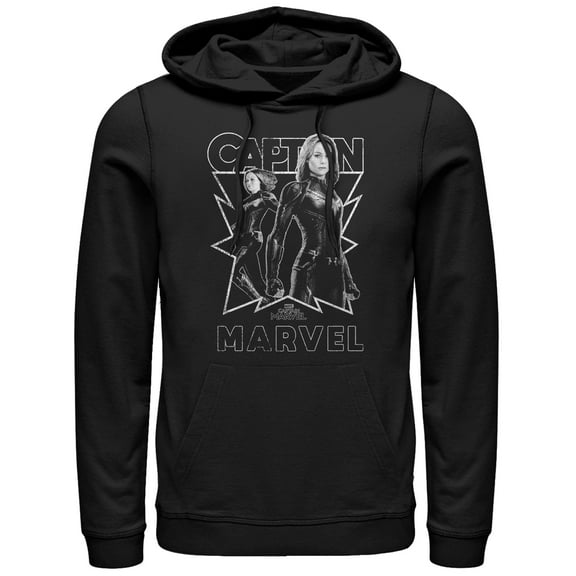 Men's Marvel Captain Marvel Gray Grayscale Portrait  Pull Over Hoodie Black 3X Large