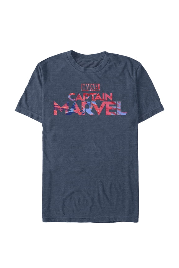 Men's Marvel Captain Marvel Logo Tie-Dye Print Graphic Tee Navy Blue Heather Large
