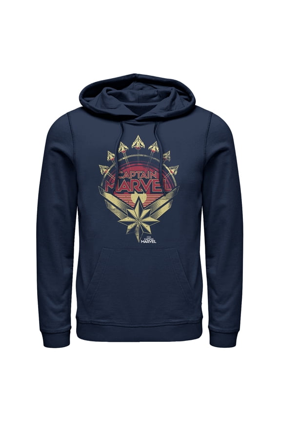 Men's Marvel Captain Marvel Retro Fighter Jet Plane Pull Over Hoodie Navy Blue 2X Large