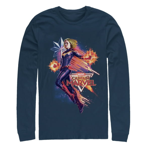 Men's Marvel Captain Marvel Retro Video Game Star  Long Sleeve Shirt Navy Blue X Large