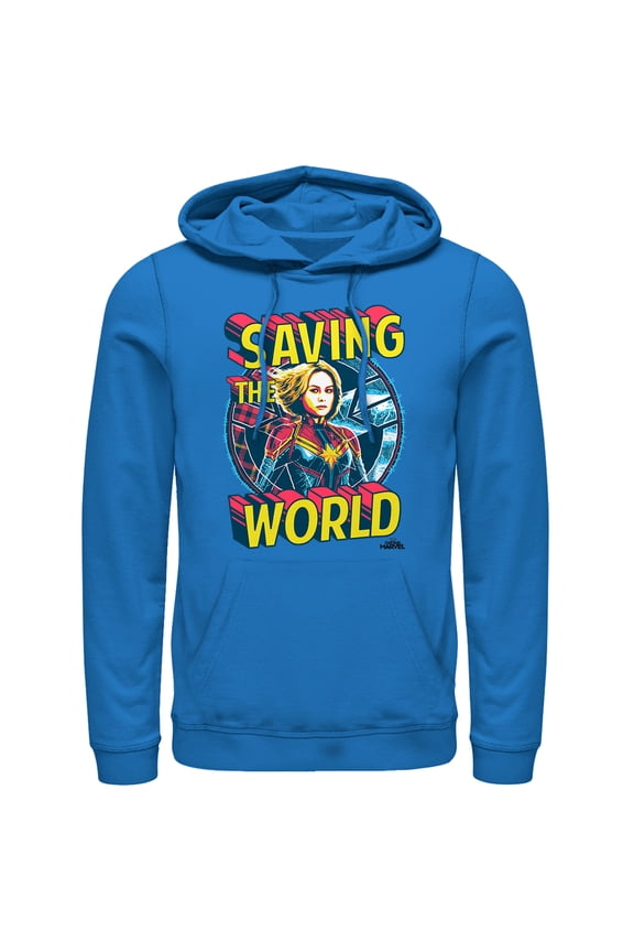 Men's Marvel Captain Marvel Saving the World Pull Over Hoodie Royal Blue Small