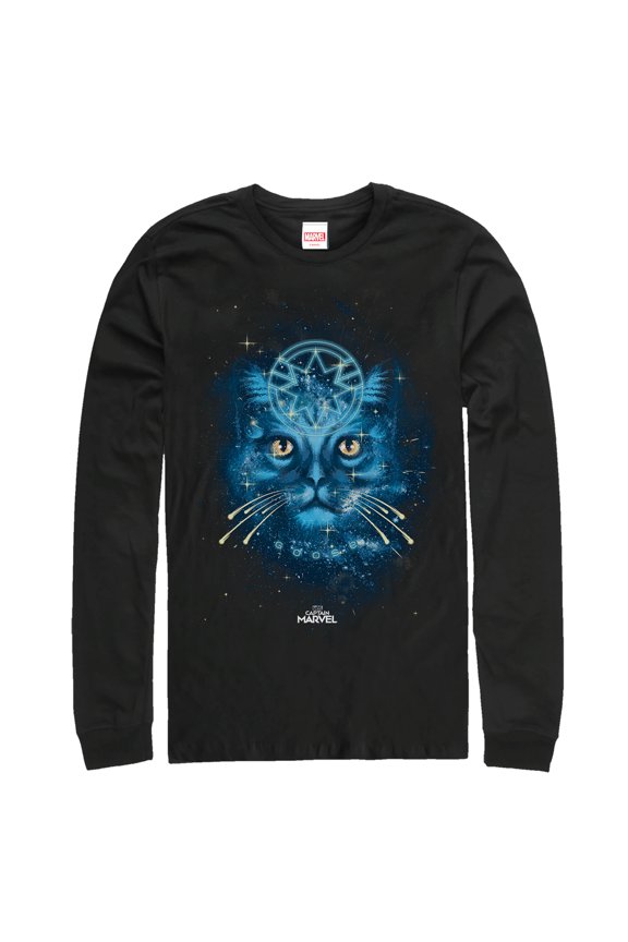 Men's Marvel Captain Marvel Starry Goose Cat Long Sleeve Shirt Black Large