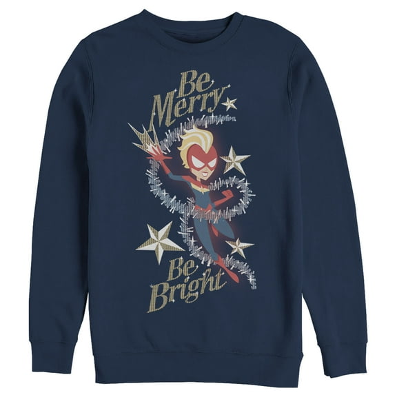 Men's Marvel Christmas Captain Marvel Merry & Bright  Sweatshirt Navy Blue Medium