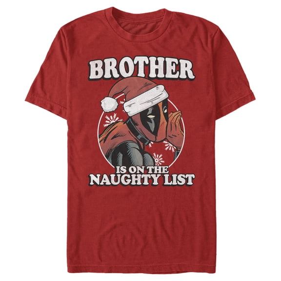 Men's Marvel Christmas Deadpool Brother on Naughty List Graphic Tee Red Small