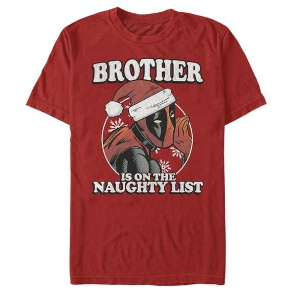 Men's Marvel Christmas Deadpool Brother on Naughty List Graphic Tee Red X Large
