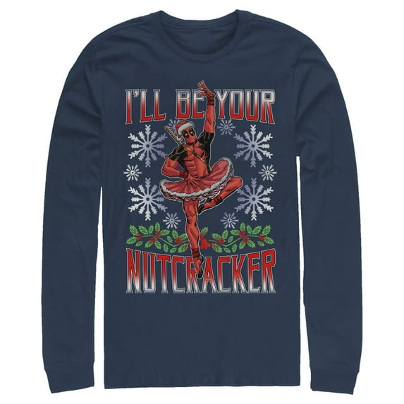 Men's Marvel Christmas Deadpool Nutcracker Long Sleeve Shirt Navy Blue Large