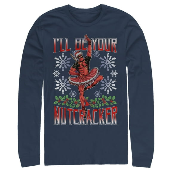 Men's Marvel Christmas Deadpool Nutcracker Long Sleeve Shirt Navy Blue Medium
