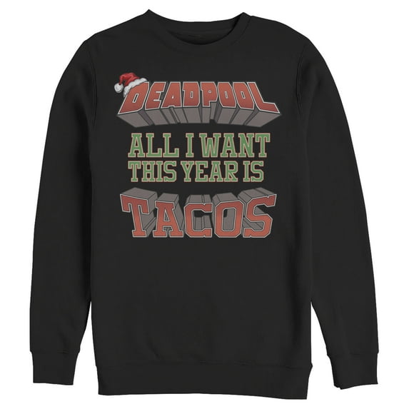 Men's Marvel Christmas Deadpool Wants Tacos Sweatshirt Black 2X Large