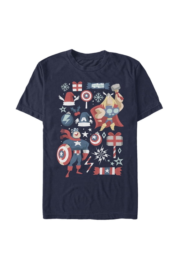 Men's Marvel Christmas Festive Hero Icons Graphic Tee Navy Blue Small