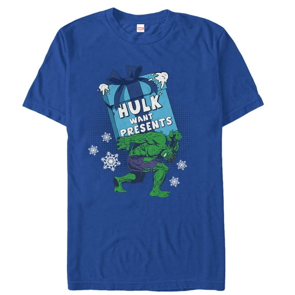 Men's Marvel Christmas Hulk Wants Presents Graphic Tee Royal Blue Small