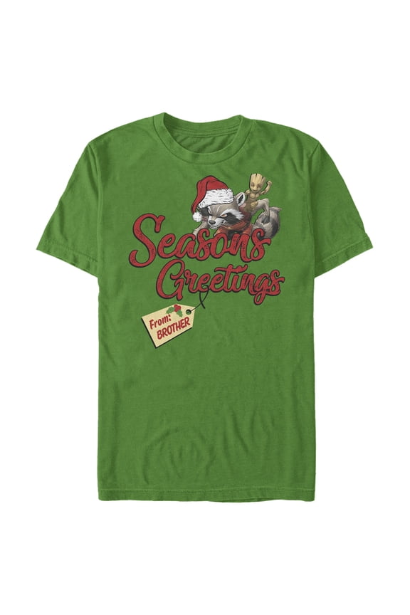 Men's Marvel Christmas Rocket & Groot Brother Greetings  Graphic Tee Kelly Green Medium