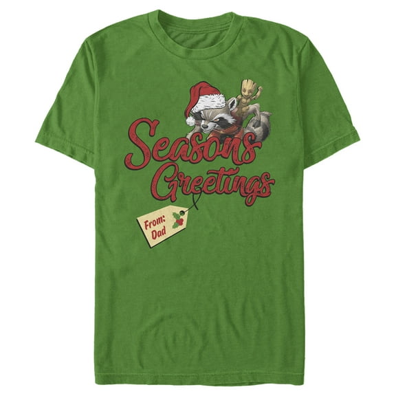 Men's Marvel Christmas Rocket & Groot Dad Greetings Graphic Tee Kelly Green Small