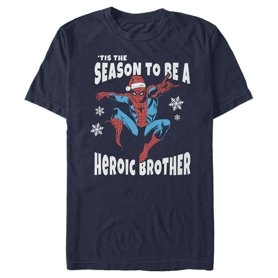 Men's Marvel Christmas Spider-Man Heroic Brother Graphic Tee Navy Blue Small