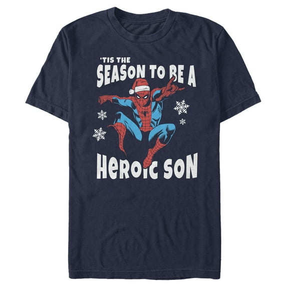 Men's Marvel Christmas Spider-Man Heroic Son Graphic Tee Navy Blue 2X Large
