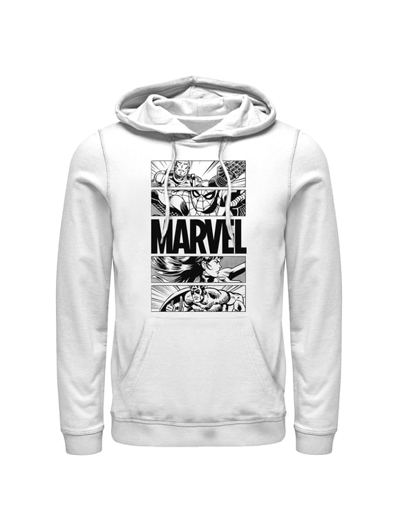 Men's Marvel Classic Black and White Avengers Comic Panels Pull Over Hoodie