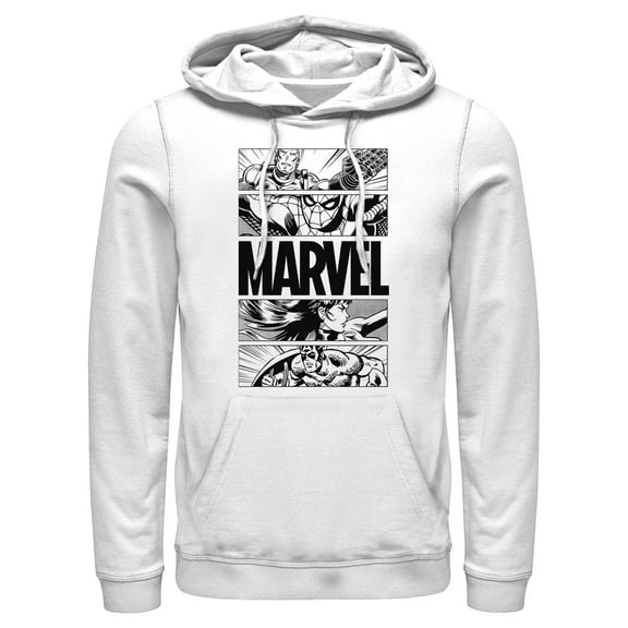 Men's Marvel Classic Black and White Avengers Comic Panels Pull Over Hoodie