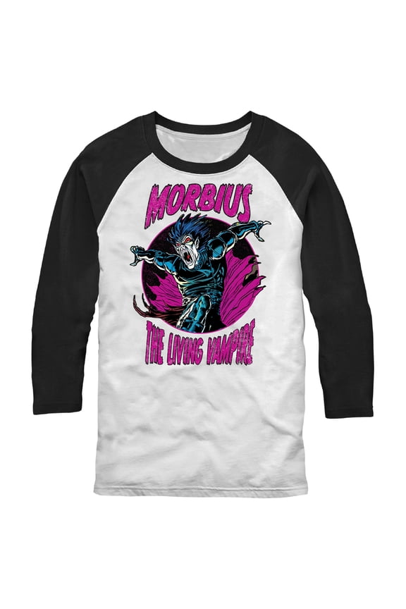 Men's Marvel Comic Morbius Circle Baseball Graphic Tee White/Black 2X Large