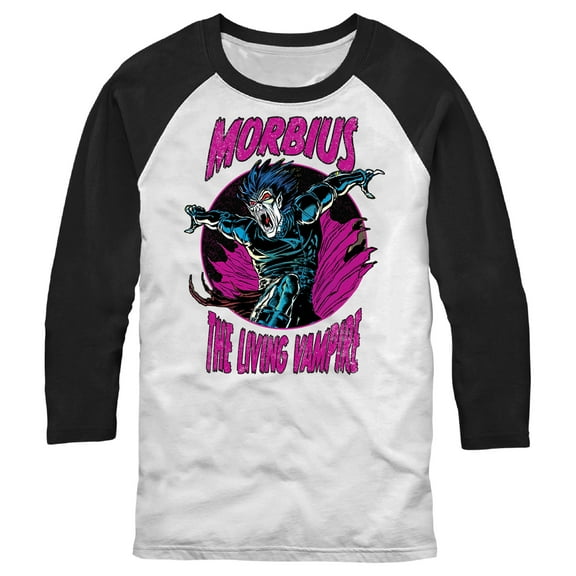 Men's Marvel Comic Morbius Circle Baseball Graphic Tee White/Black X Large