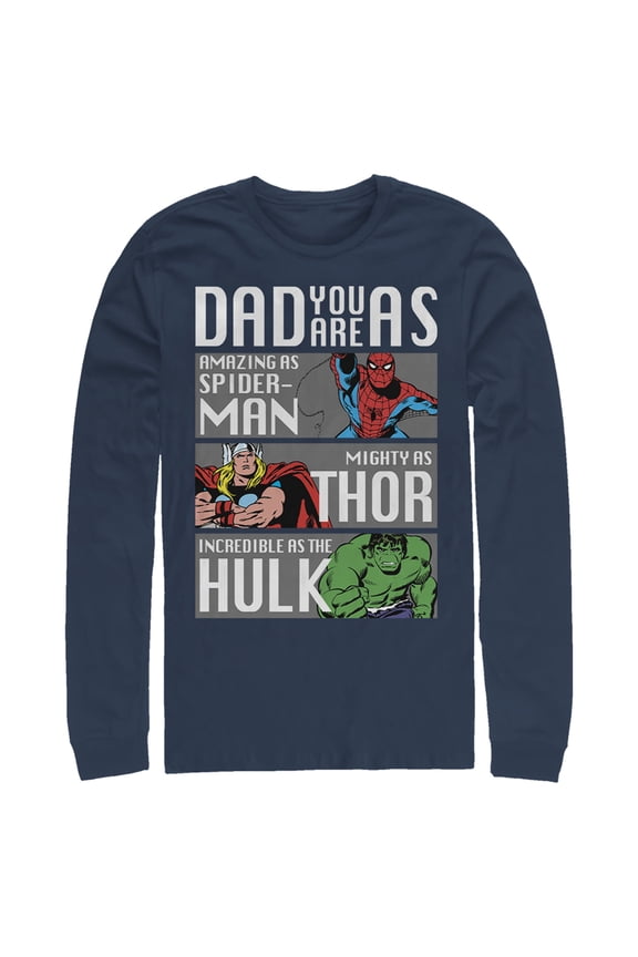 Men's Marvel Dad You Are as Amazing as Spider-Man Mighty as Thor Incredible as the Hulk Long Sleeve Shirt Navy Blue Medium
