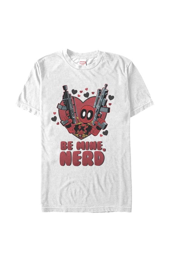 Men's Marvel Deadpool Be Mine Nerd  Graphic Tee White Large