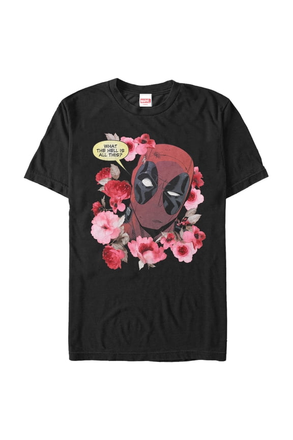 Men's Marvel Deadpool Flowers  Graphic Tee Black Small