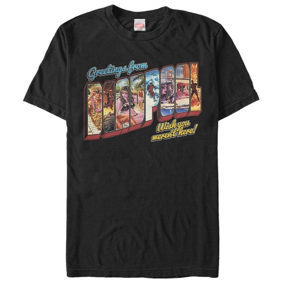 Men's Marvel Deadpool Greetings From Vacation Graphic Tee Black Large