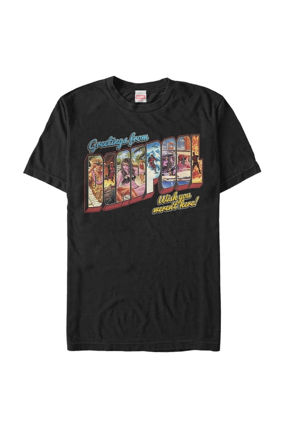 Men's Marvel Deadpool Greetings From Vacation Graphic Tee Black Medium