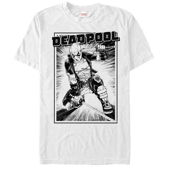 Men's Marvel Deadpool Katana Grayscale Sword Pose Graphic Tee White Large