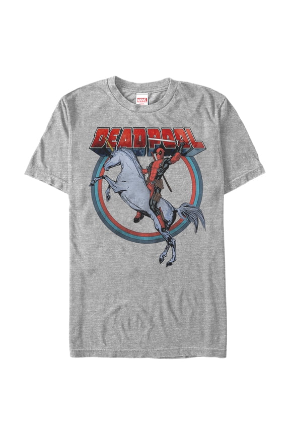 Men's Marvel Deadpool Rides Unicorn Graphic Tee Athletic Heather Medium