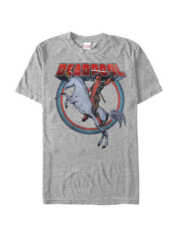 Men's Marvel Deadpool Rides Unicorn Graphic Tee Athletic Heather Medium