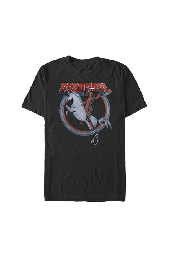 Men's Marvel Deadpool Rides Unicorn Graphic Tee Black Large