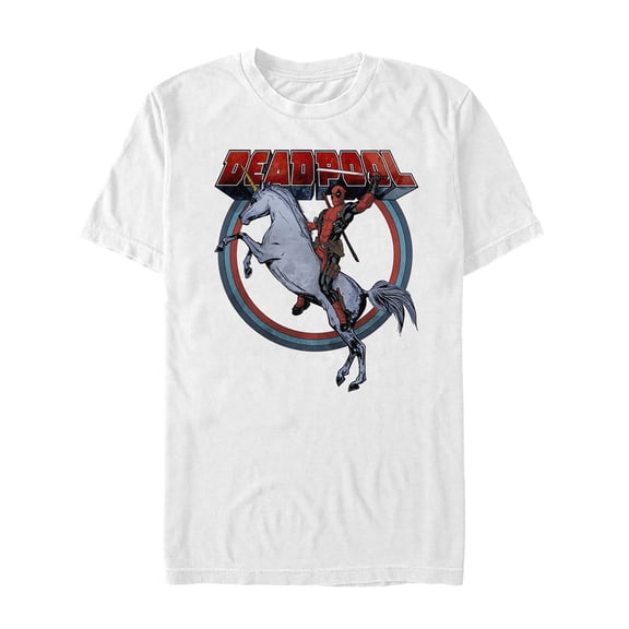 Men's Marvel Deadpool Rides Unicorn Graphic Tee White Large