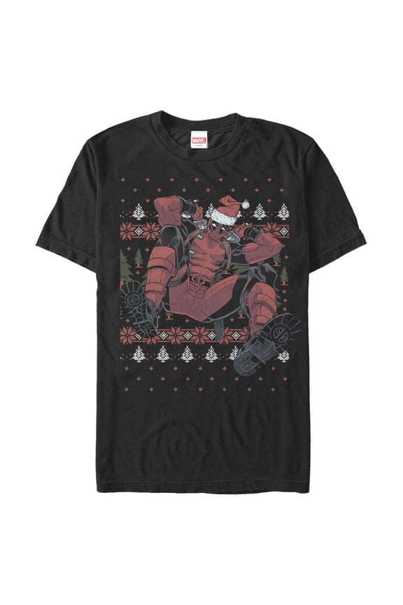 Men's Marvel Deadpool Santa Hat Ugly Sweater Holiday Graphic Tee Black Large