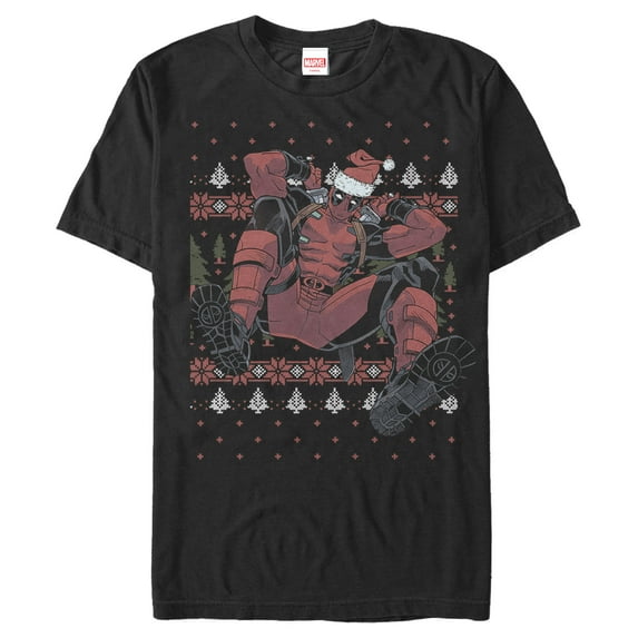 Men's Marvel Deadpool Santa Hat Ugly Sweater Holiday Graphic Tee Black Medium