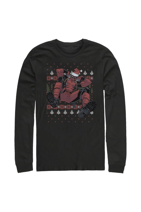 Men's Marvel Deadpool Santa Hat Ugly Sweater Holiday  Long Sleeve Shirt Black Medium