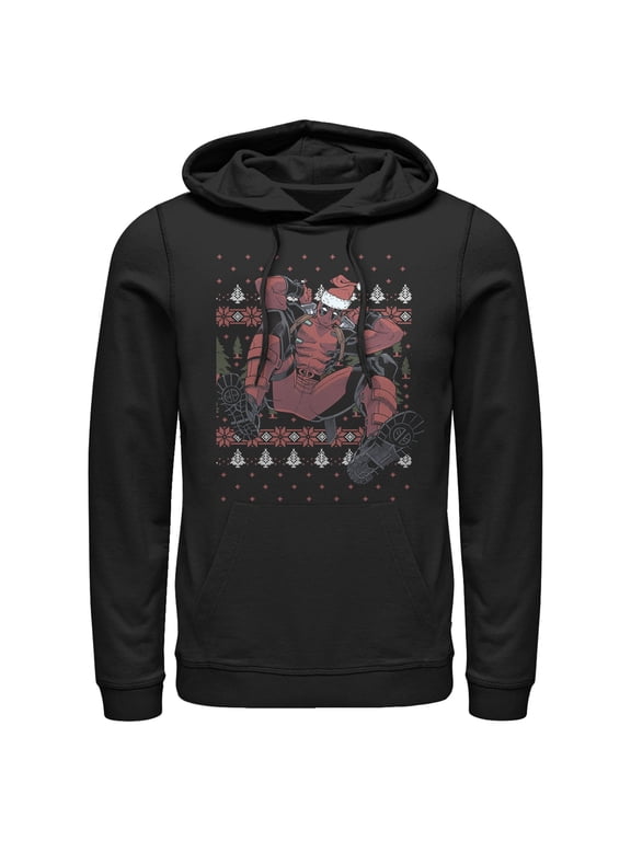 Men's Marvel Deadpool Santa Hat Ugly Sweater Holiday Pull Over Hoodie Black Large
