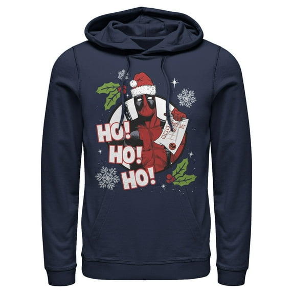 Men's Marvel Deadpool Santa Naughty List Holiday Pull Over Hoodie Navy Blue Small