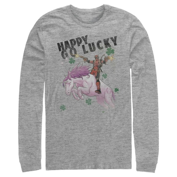Men's Marvel Deadpool St. Patrick's Day Happy Go Lucky Unicorn  Long Sleeve Shirt Athletic Heather Large