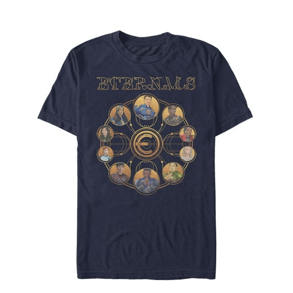 Men's Marvel Eternals Circular Gold Graphic Tee Navy Blue Large