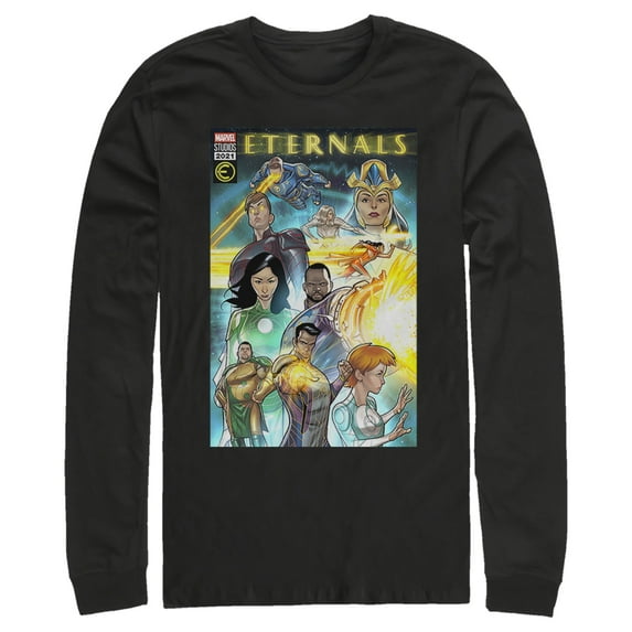 Men's Marvel Eternals Comic Book Cover Long Sleeve Shirt Black Medium